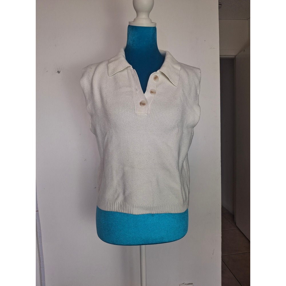 Mango MNG Womens Cream Ribbed Knit Sleeveless Polo Sweater Vest Size S Off White